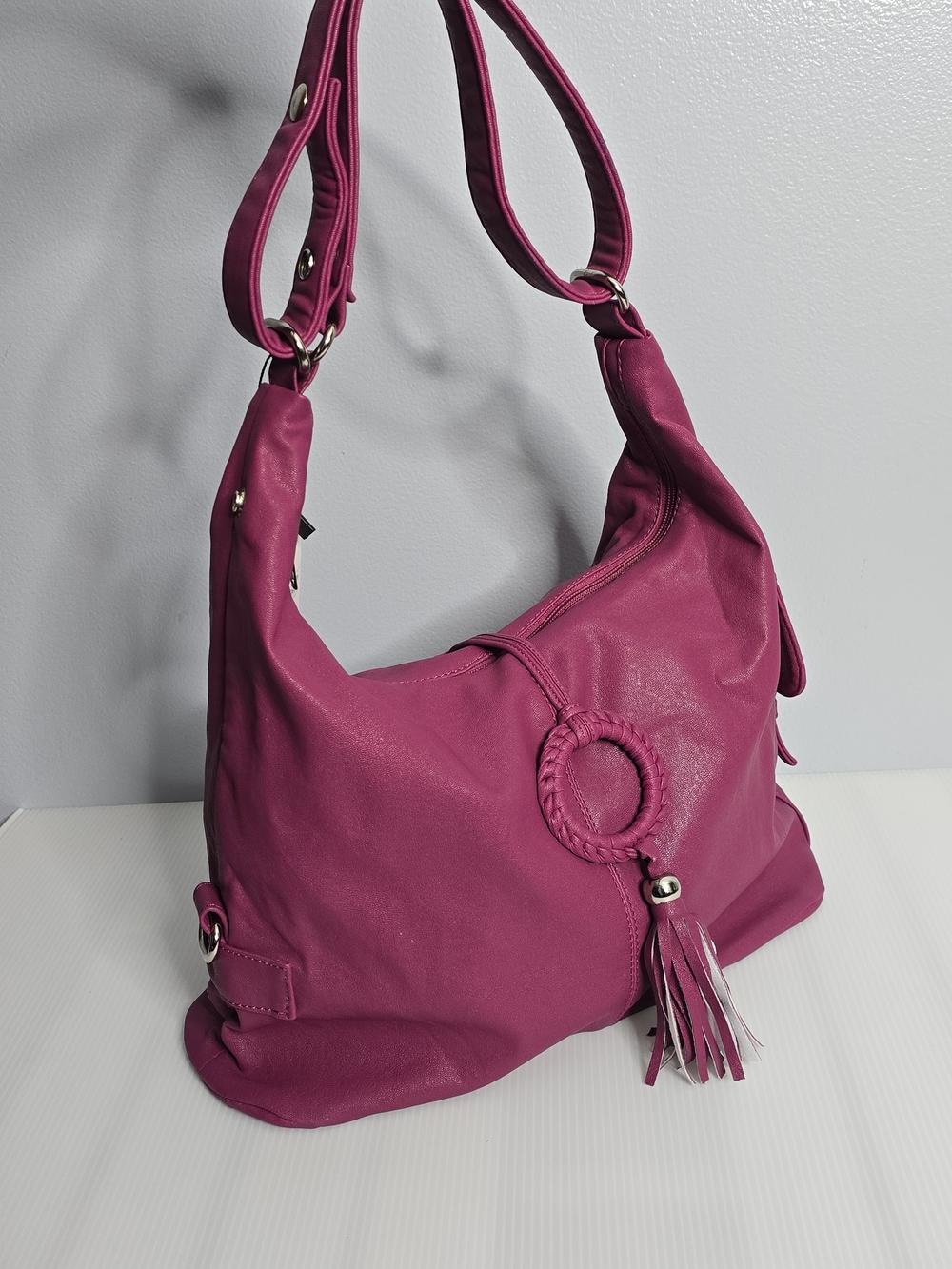 NWT Magenta Faux Leather Ring Tassel Hobo Shoulder Bag